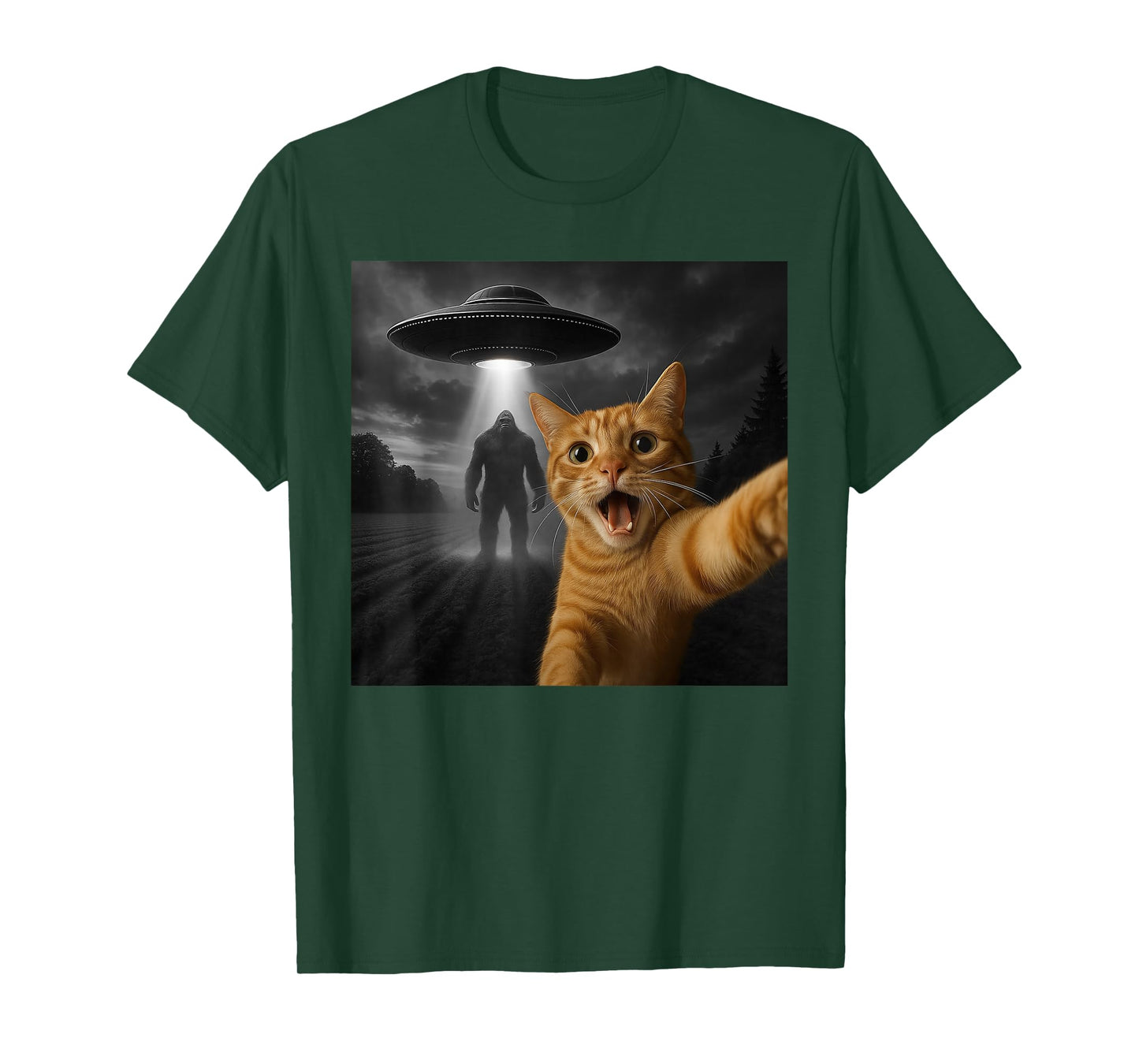 Cat Selfie with Sasquatch Bigfoot Alien UFO Funny Cat Meme T-Shirt
