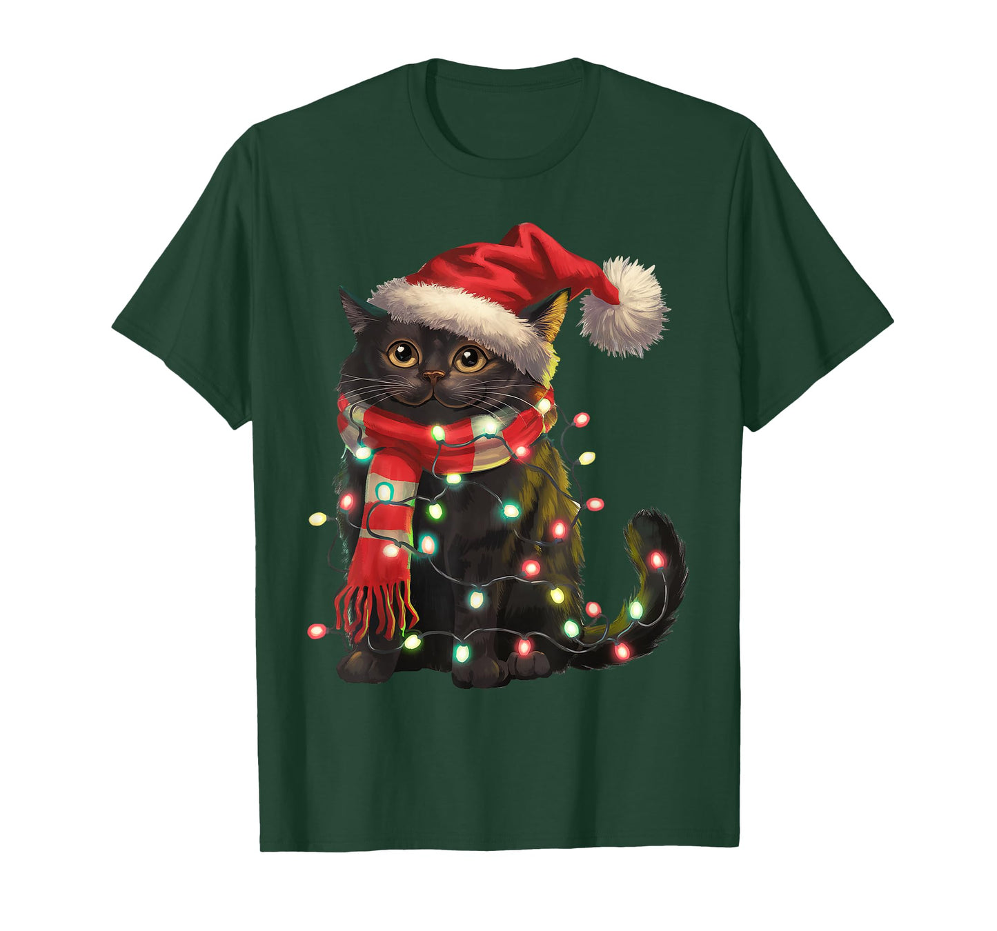 Black Cat Christmas Lights Santa Hat Christmas Cat Lover T-Shirt for Men Women Kids