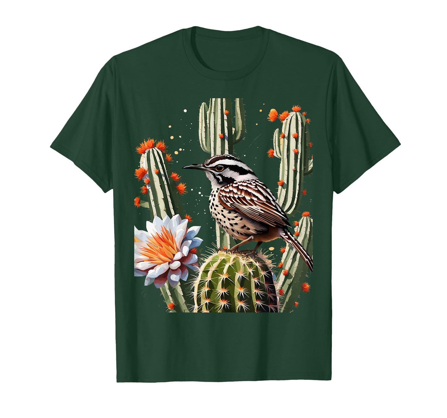 Arizona Cactus Wren Surrounded By Saguaro Cactus Blossom T-Shirt