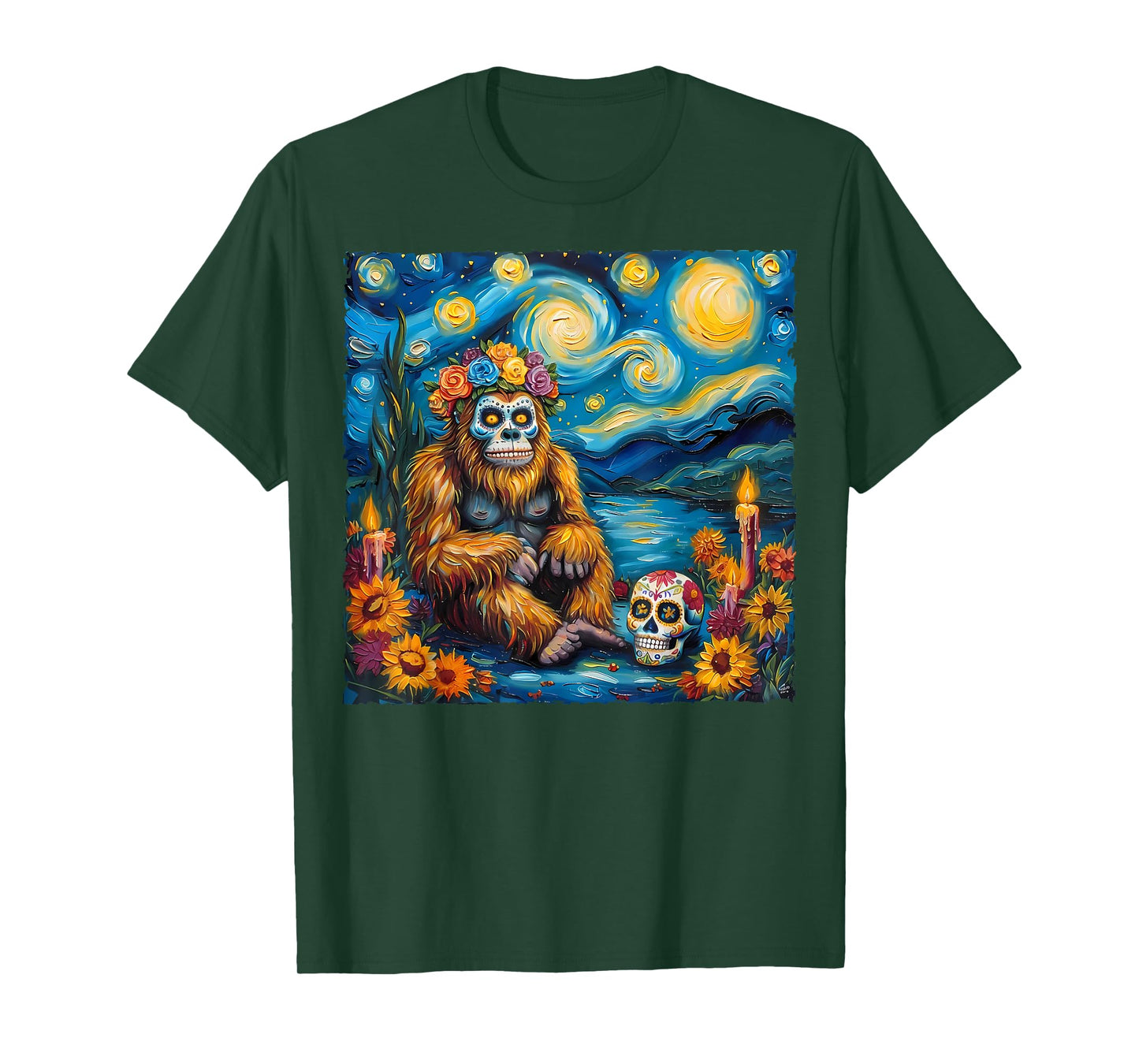 Bigfoot Van Gogh Style The Starry Night Day Of Dead Funny T-Shirt