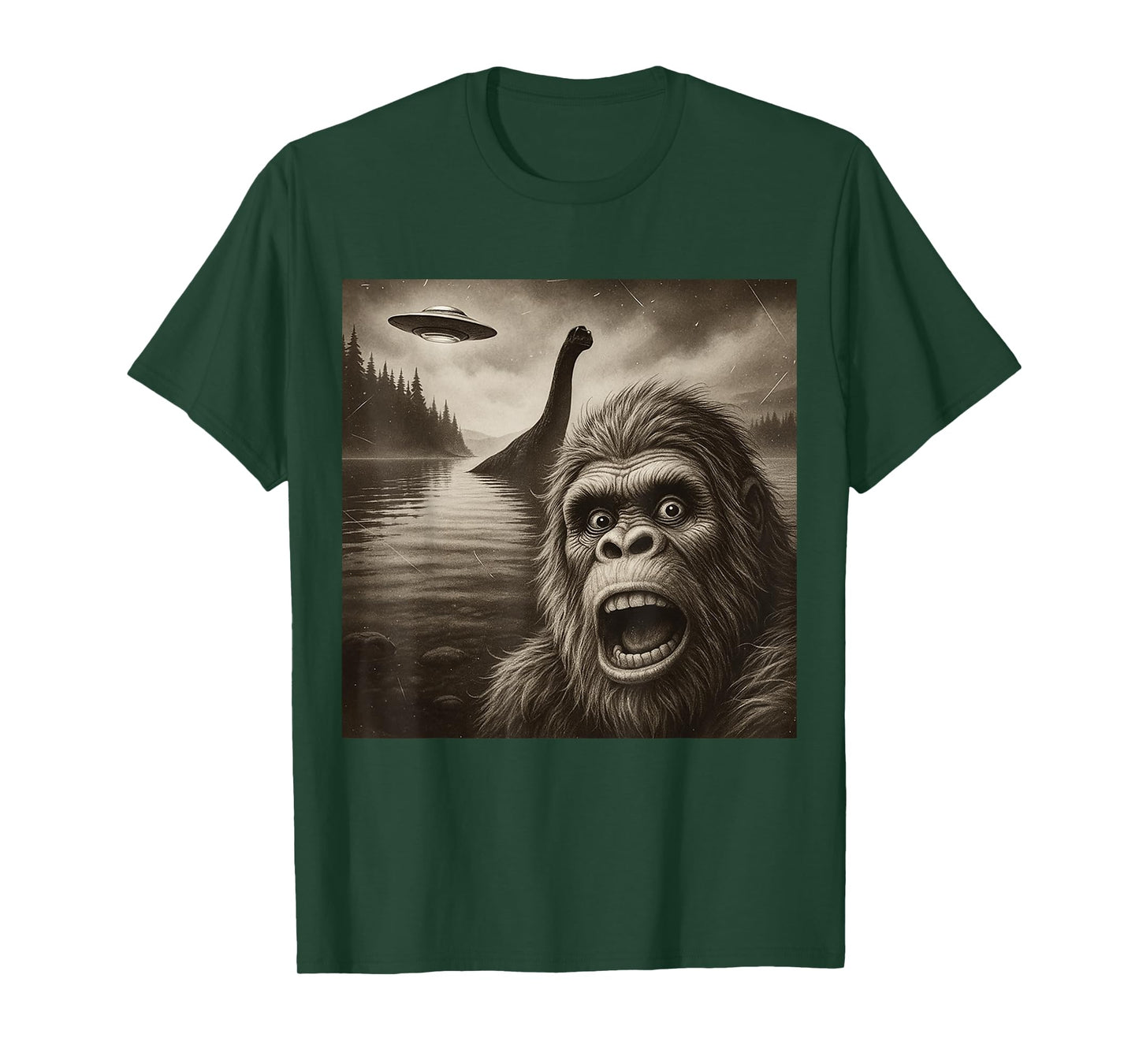 Bigfoot Selfie With Loch Ness Monster And UFO Aliens Graphic T-Shirt