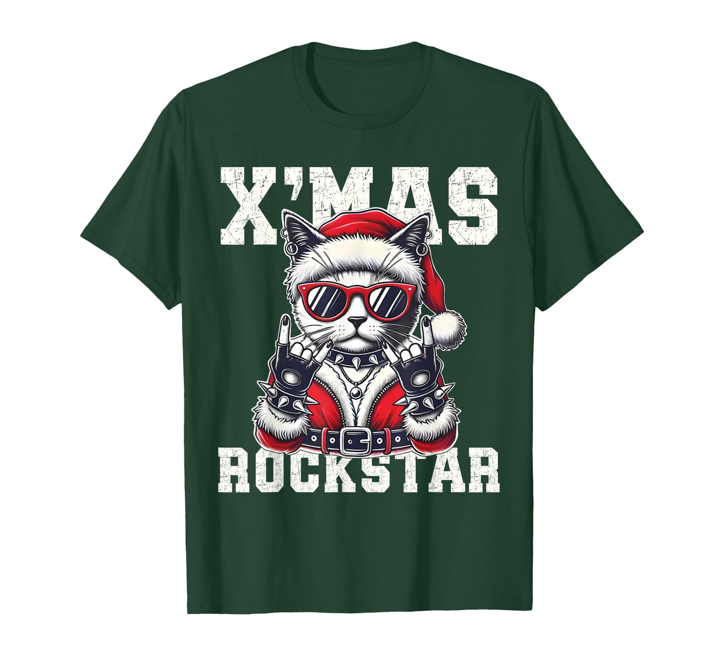 Christmas Rockstar Santa Cat Rock Xmas Rocker Men Women Kids T-Shirt
