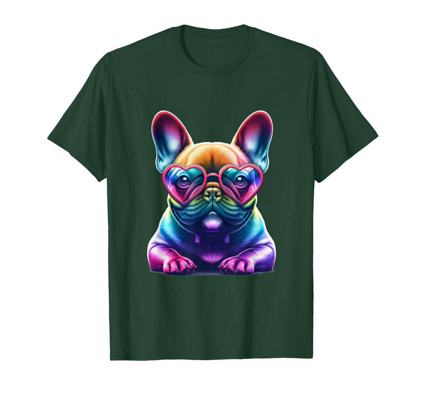 Rainbow Frenchie Wearing Heart Glasses Puppy Love Dog Funny T-Shirt