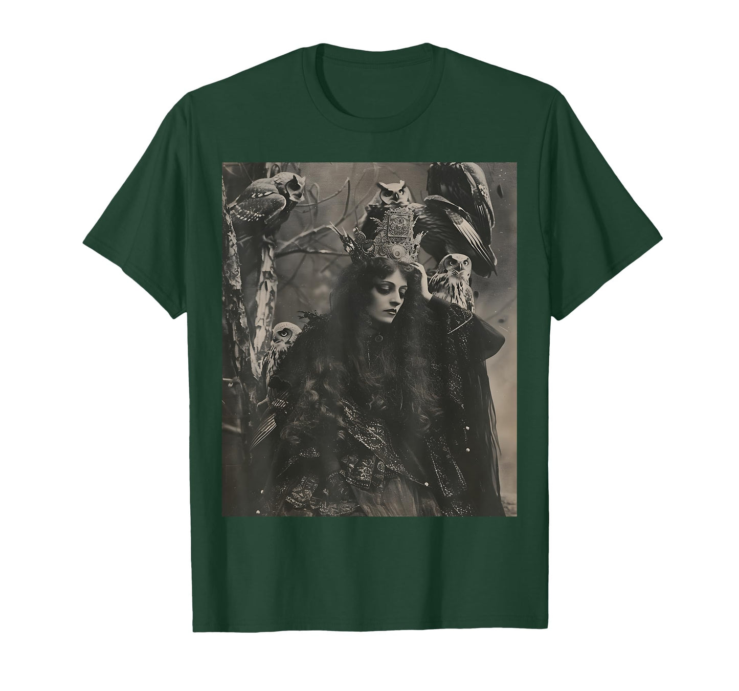 Vintage Witch Sorceress With Raptor Owl Birds Goth Gothic T-Shirt