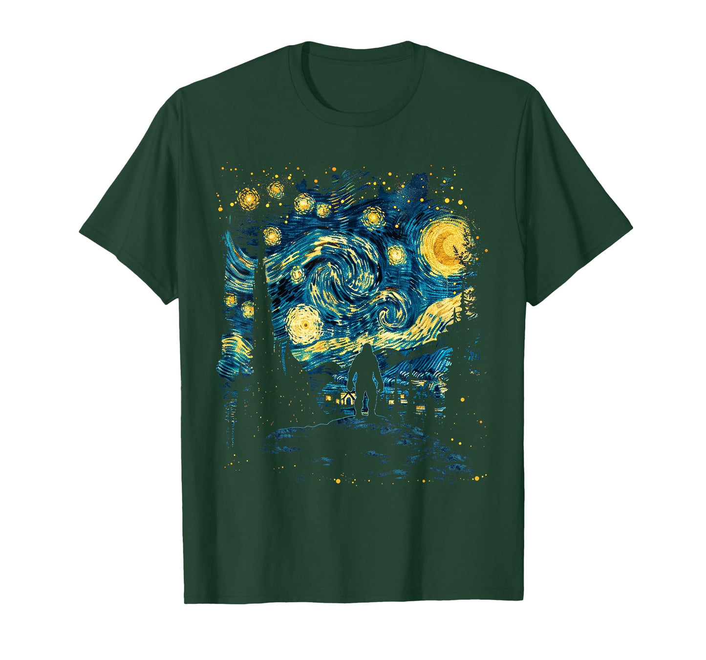 Funny Bigfoot Starry Night Sasquatch Van Gogh Sky Painting T-Shirt