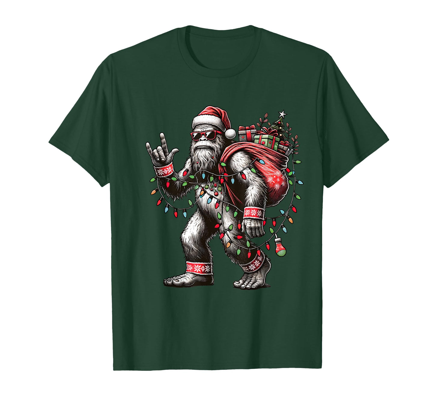 Funny Bigfoot Christmas Santa Sasquatch with Lights T-Shirt