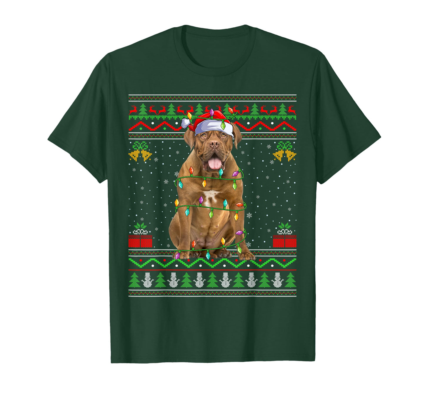 Dogue De Bordeaux Dog Christmas Lights Santa Ugly Xmas Men Women Kids T-Shirt