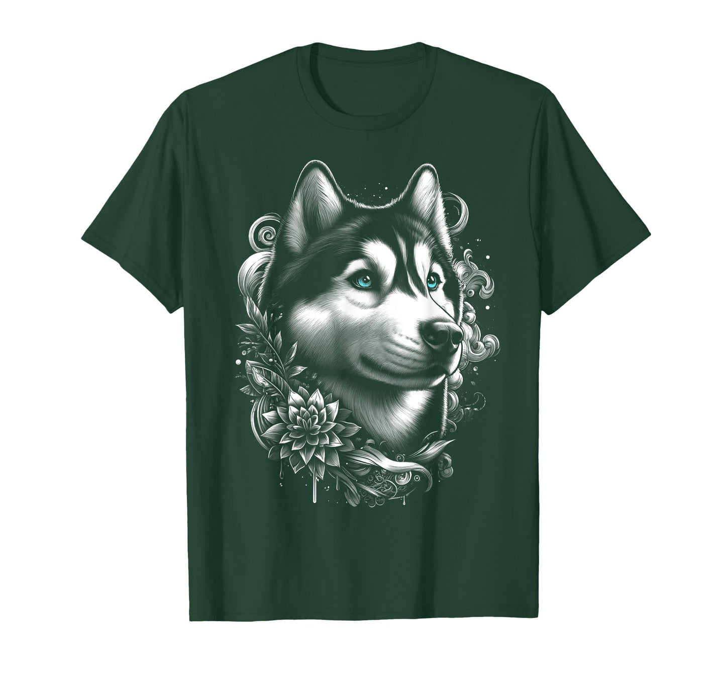 Cool Husky with Blue Eyes and Flowers Decoration T-Shirt