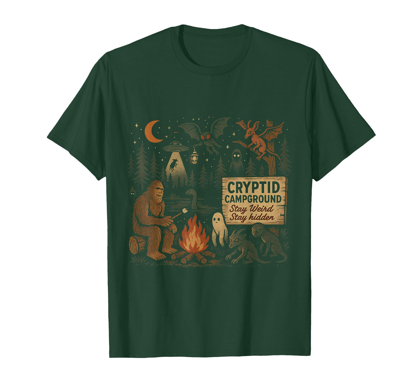 Cryptid Campground Bigfoot Mothman Aliens Loch Ness Monster T-Shirt