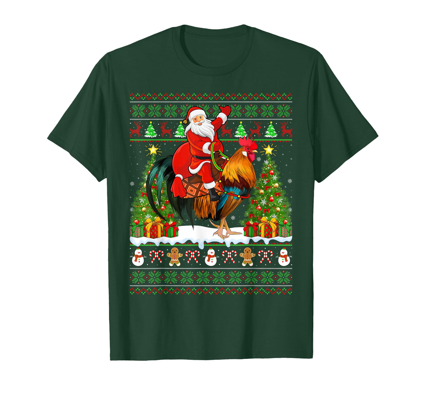Rooster Bird Lover Funny Ugly Santa Riding Rooster Christmas T-Shirt