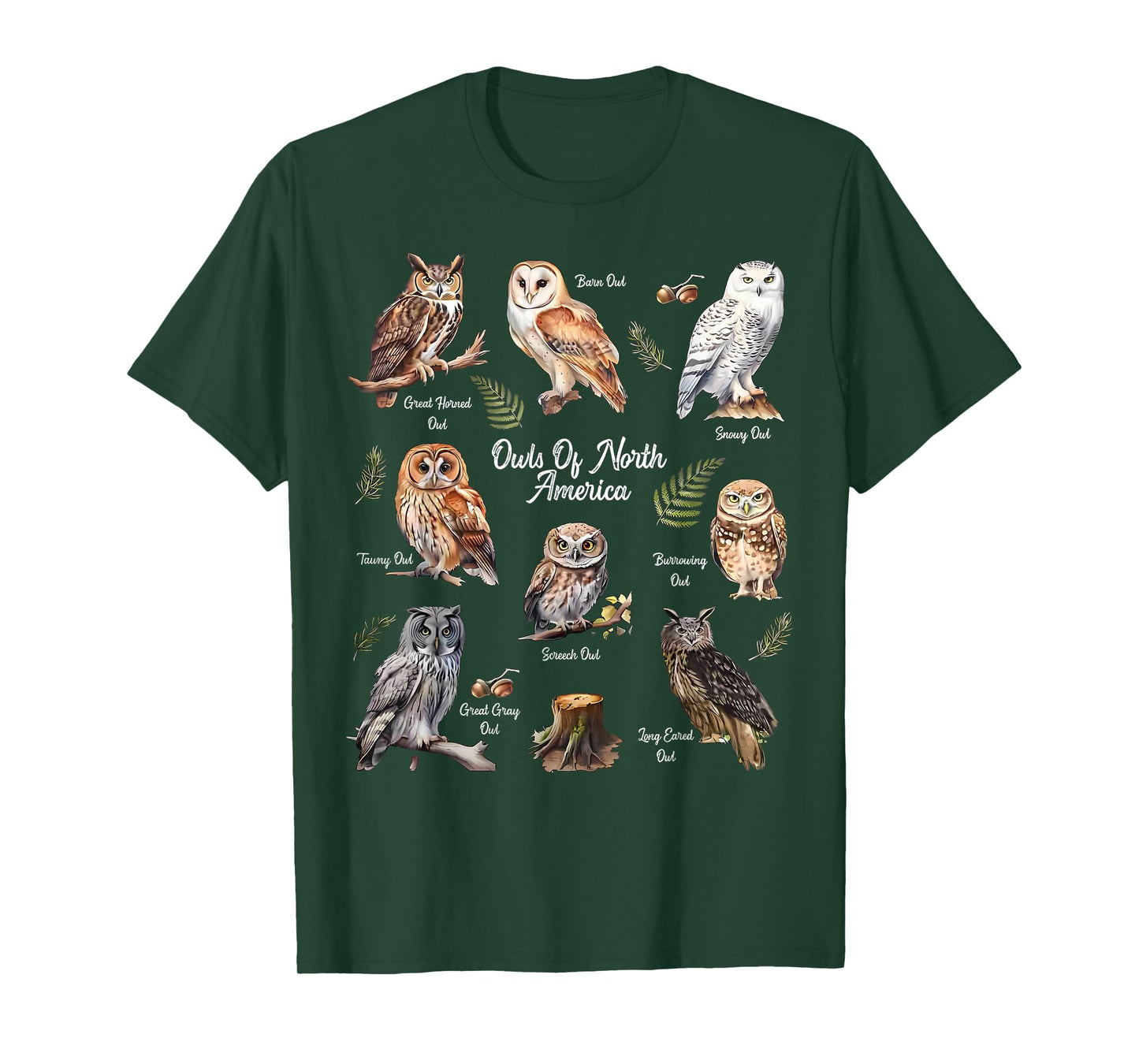 Owl Types North American Bird Of Prey Forest Bird Watcher T-Shirt