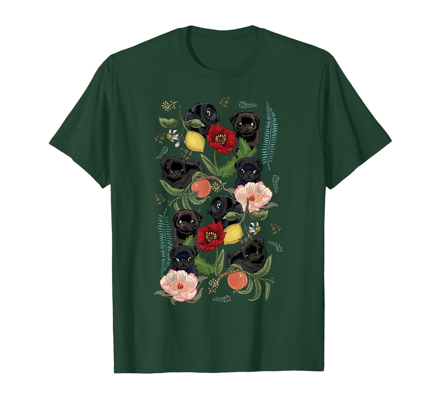 Botanical and Black Pug T- shirt by Huebucket T-Shirt
