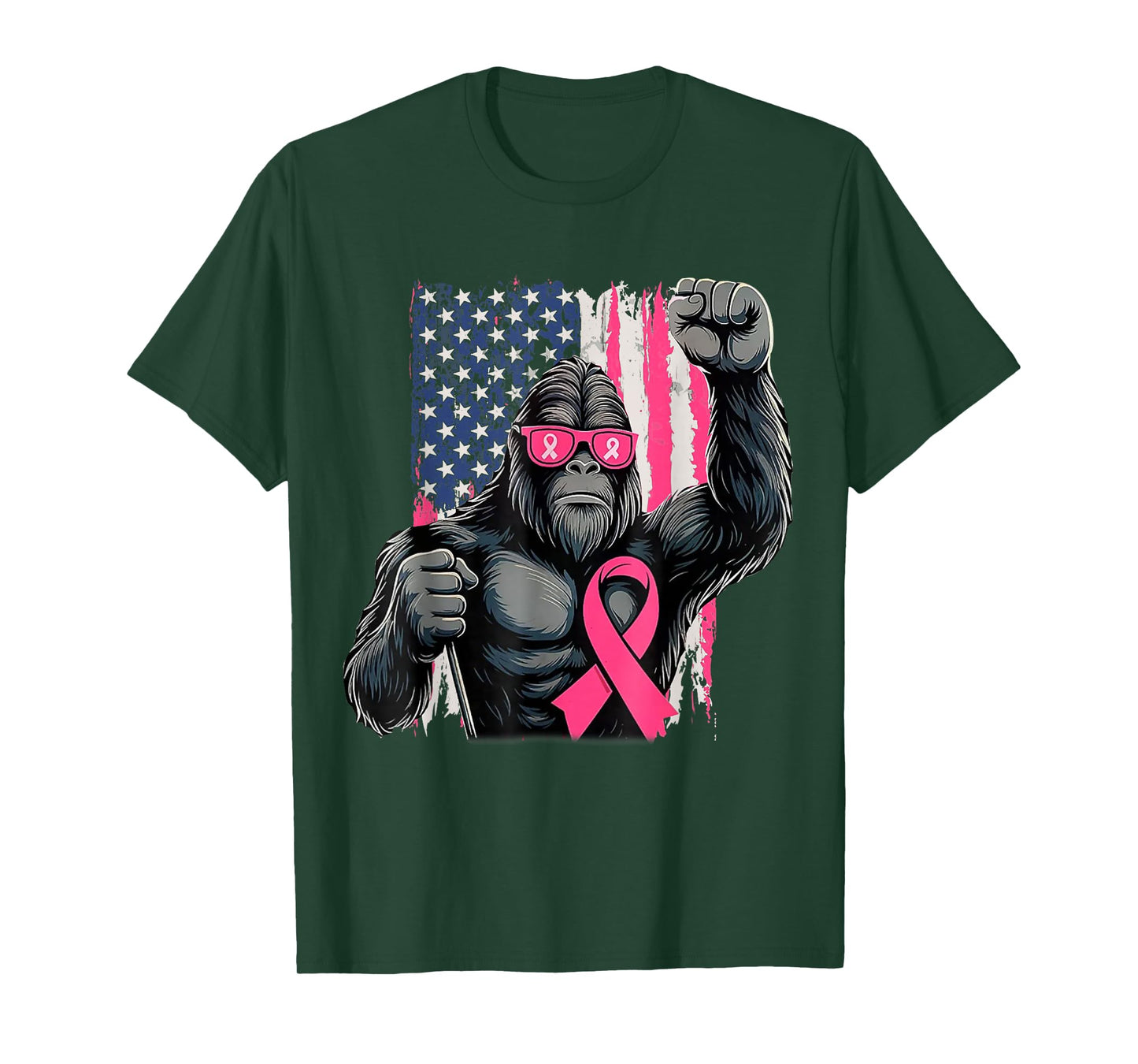 Bigfoot Breast Cancer Awareness American Flag Pink Ribbon T-Shirt