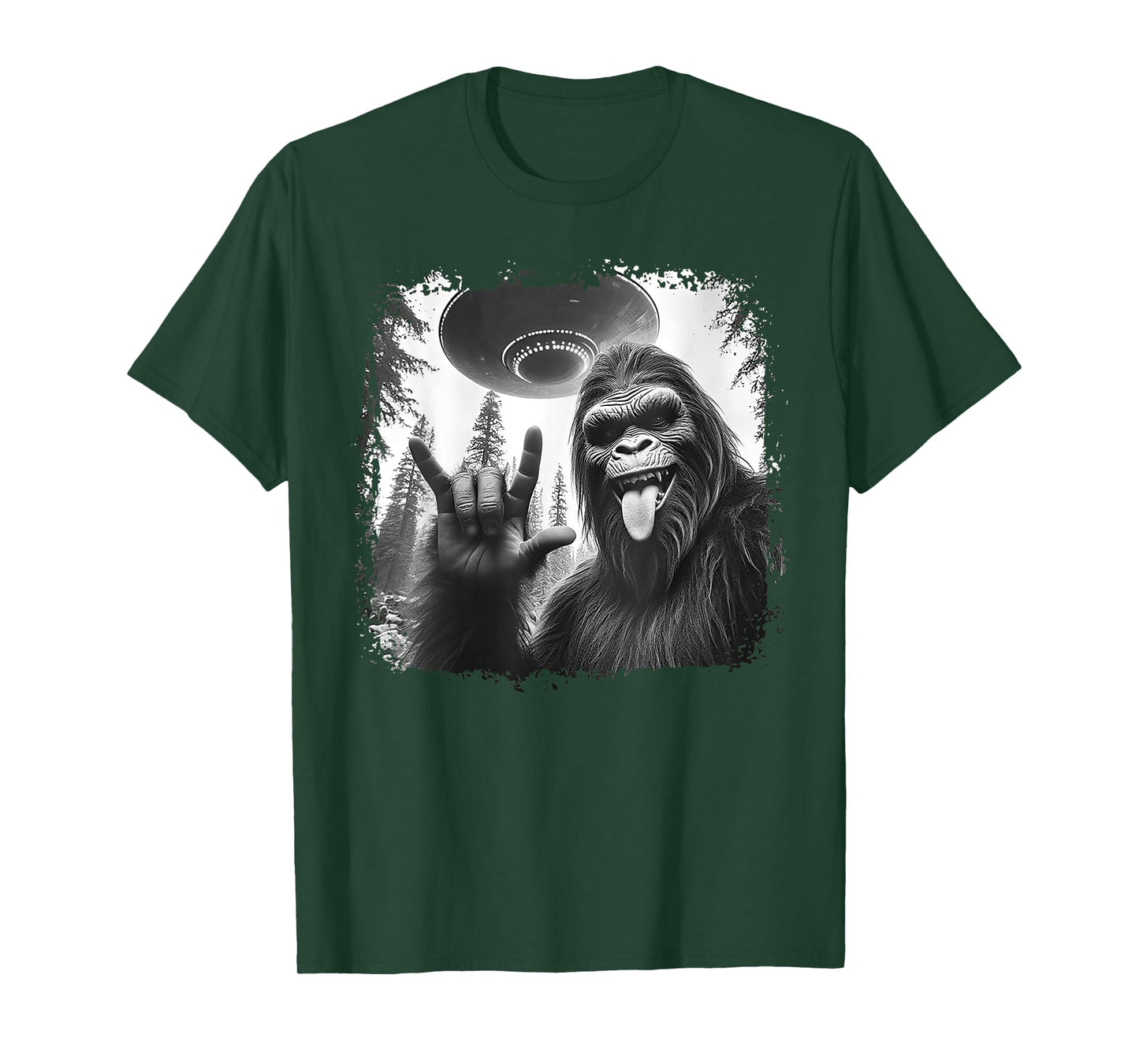 Funny Sasquatch Bigfoot Rock On Selfie with UFO Alien T-Shirt