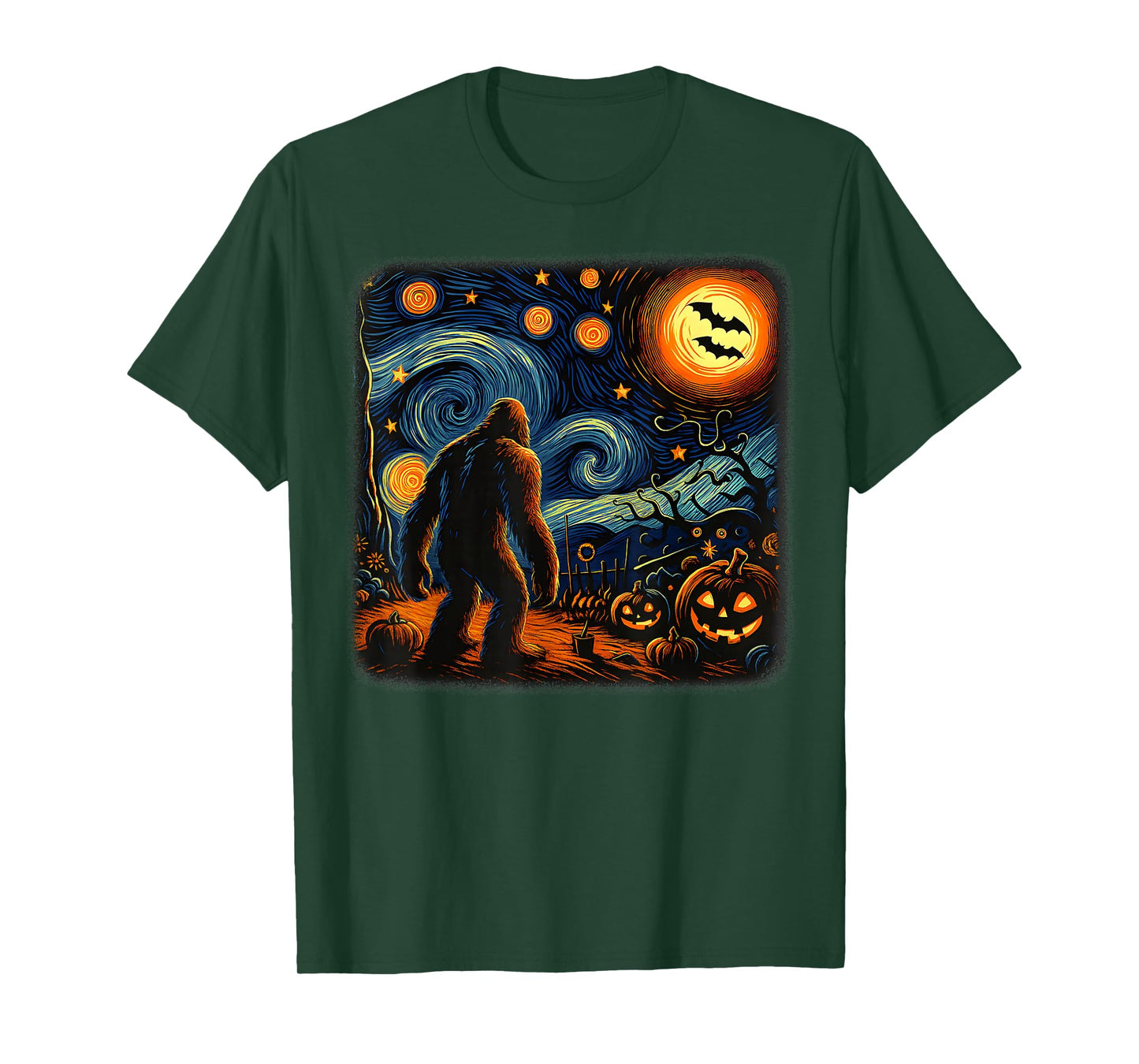 Halloween Bigfoot Starry Night Van Gogh Sasquatch Pumpkin T-Shirt