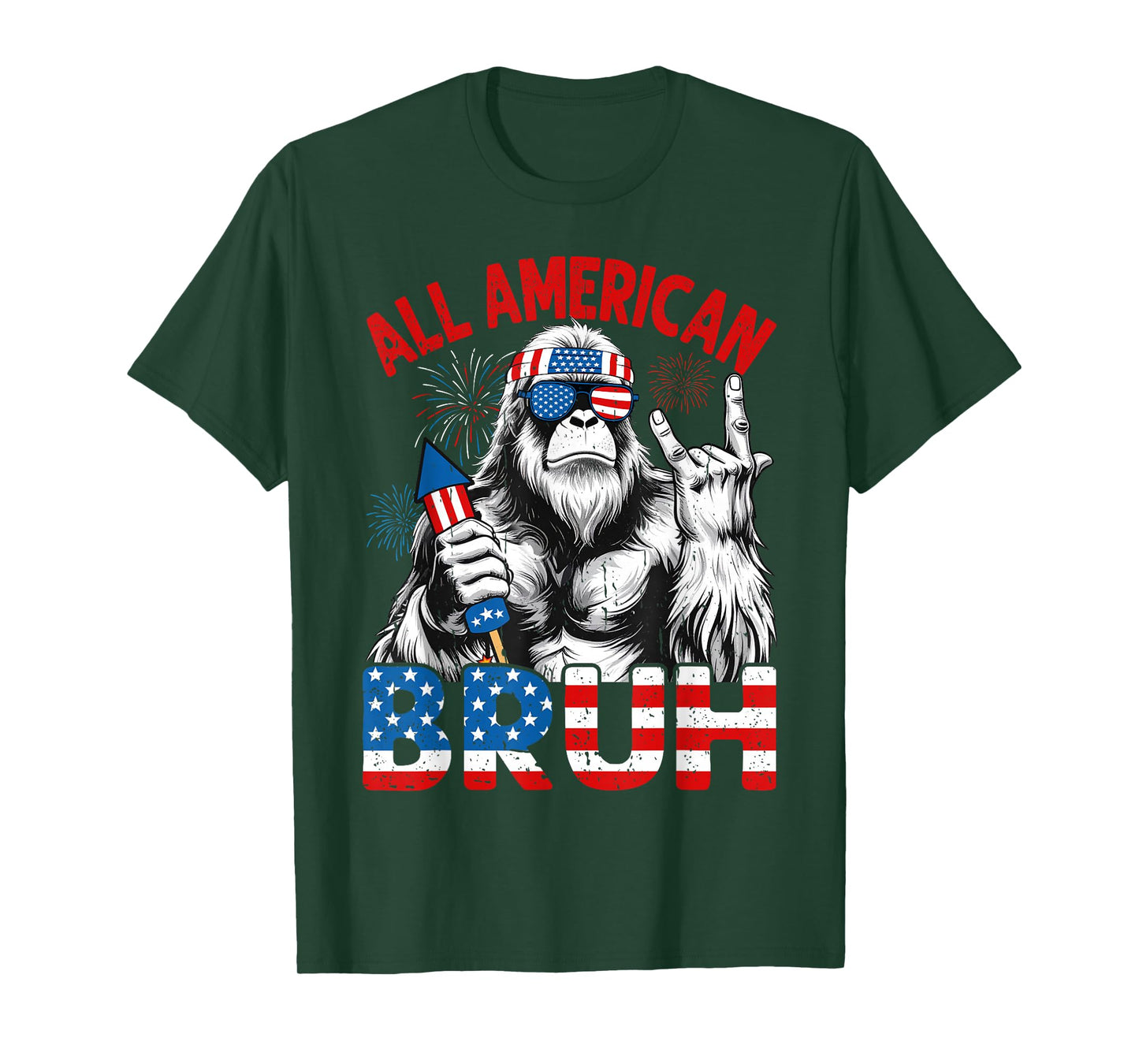 Bruh Bigfoot Merica Rock American Flag Patriotic 4th Of July T-Shirt