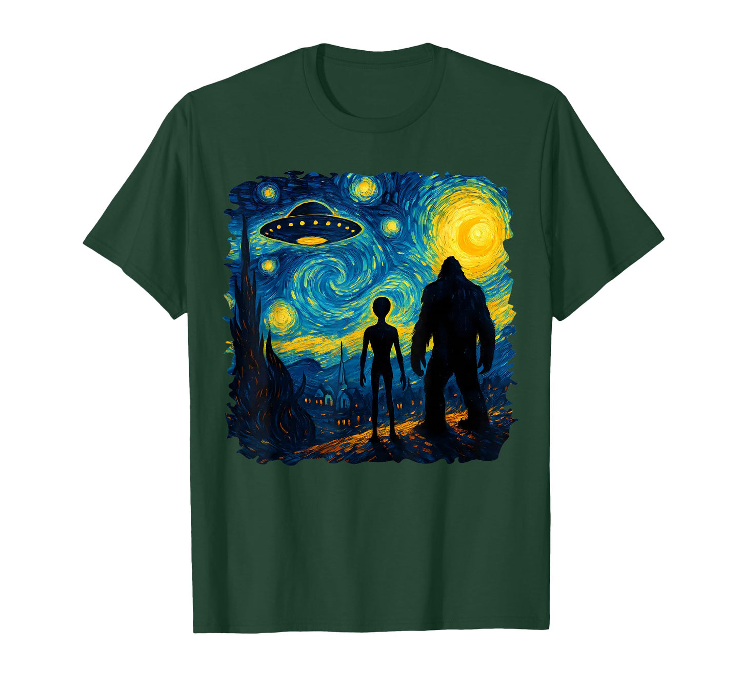 Bigfoot Alien UFO Van Gogh Starry Night Sasquatch Graphic T-Shirt
