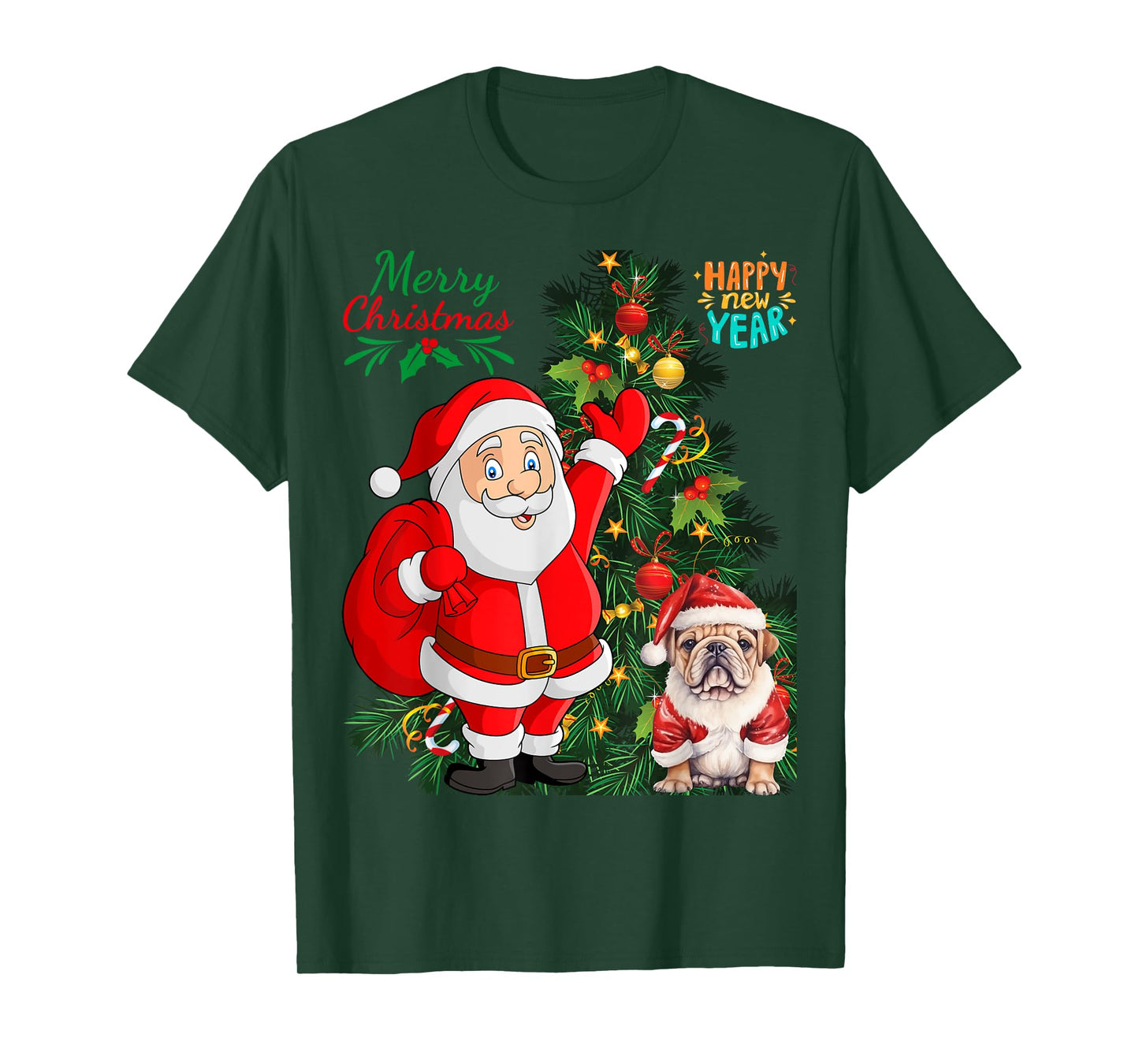 Merry Christmas Happy New Year Santa Claus English Bulldog Men Women Kids T-Shirt