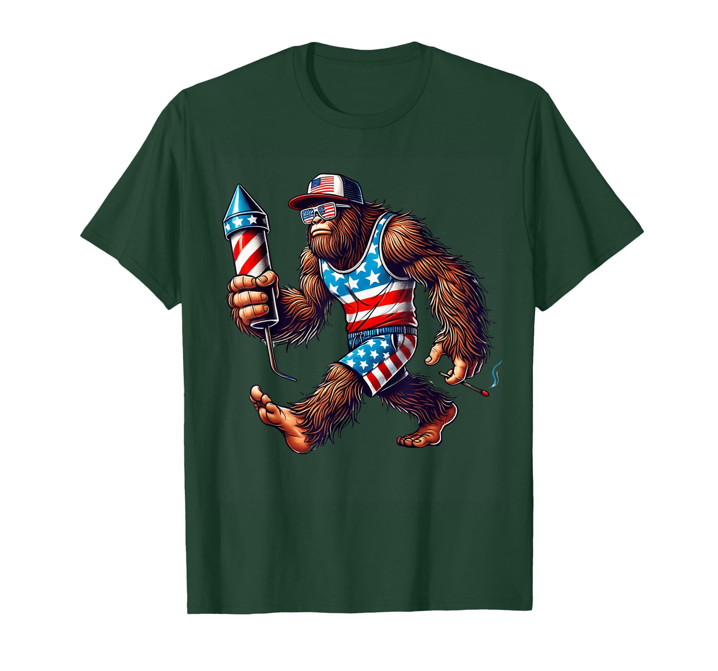 Bigfoot Fireworks 4th of July Men Sasquatch US Flag Men Boys T-Shirt
