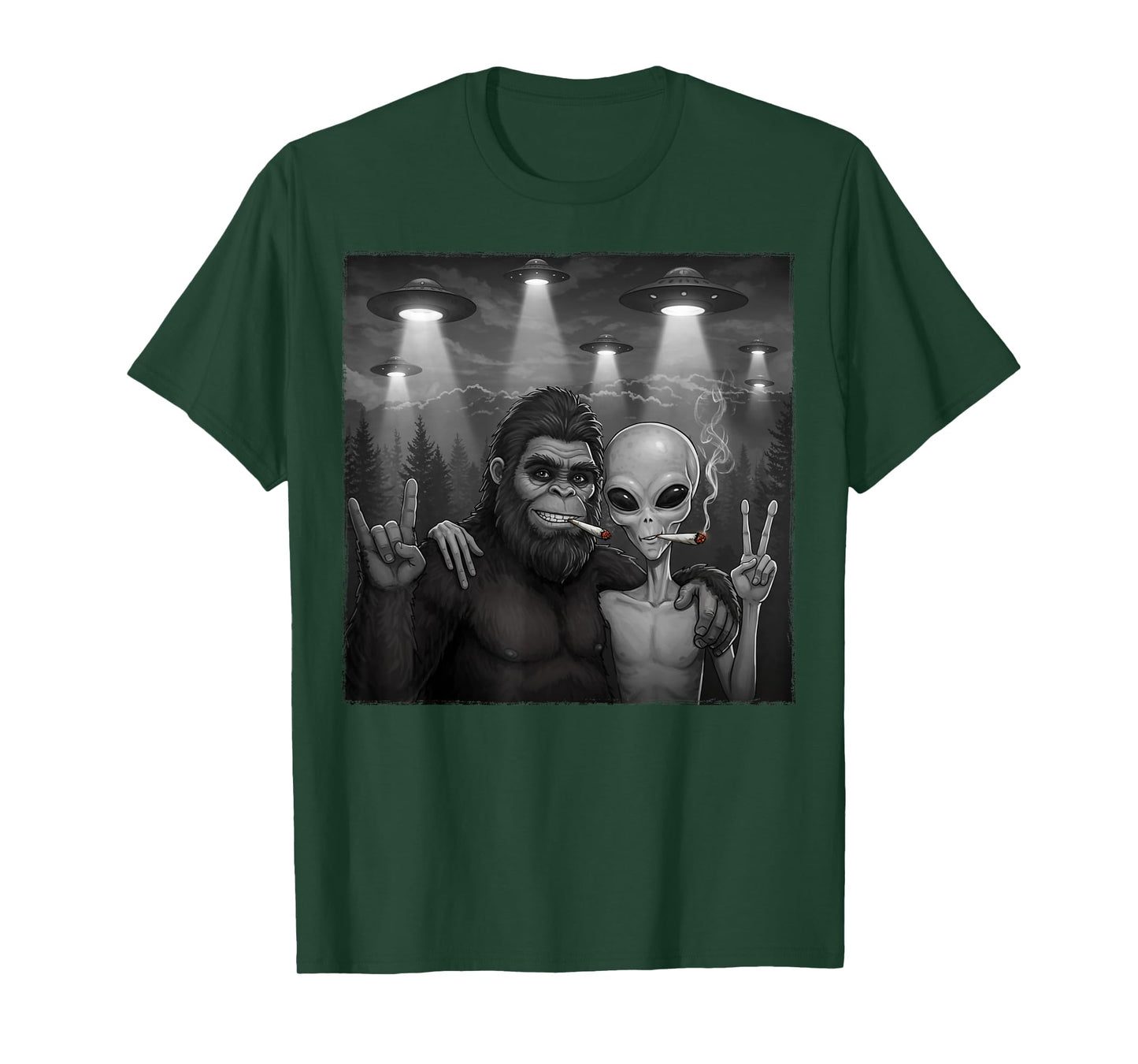 Bigfoot Alien Sasquatch Rock On Peace Hand Sign Marijuana T-Shirt
