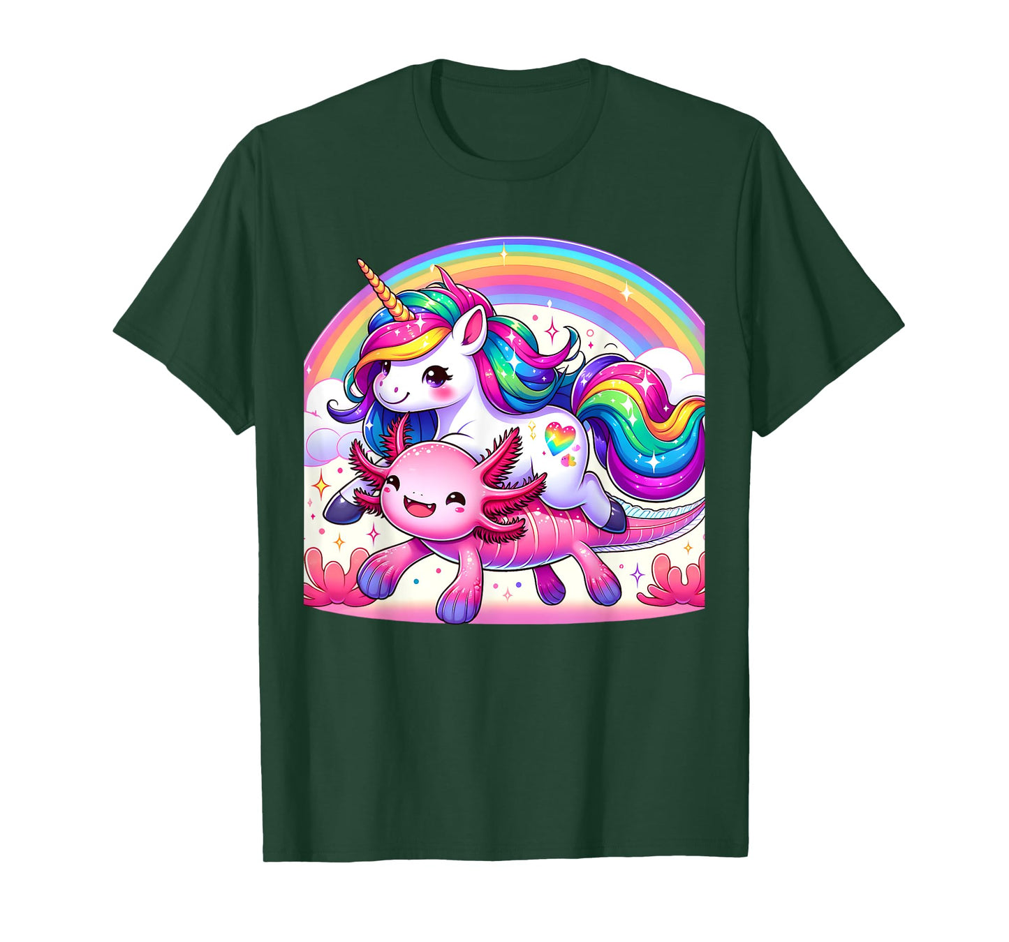 Unicorn Riding Axolotl Kawaii Kids Girls Boys Men Rainbow T-Shirt