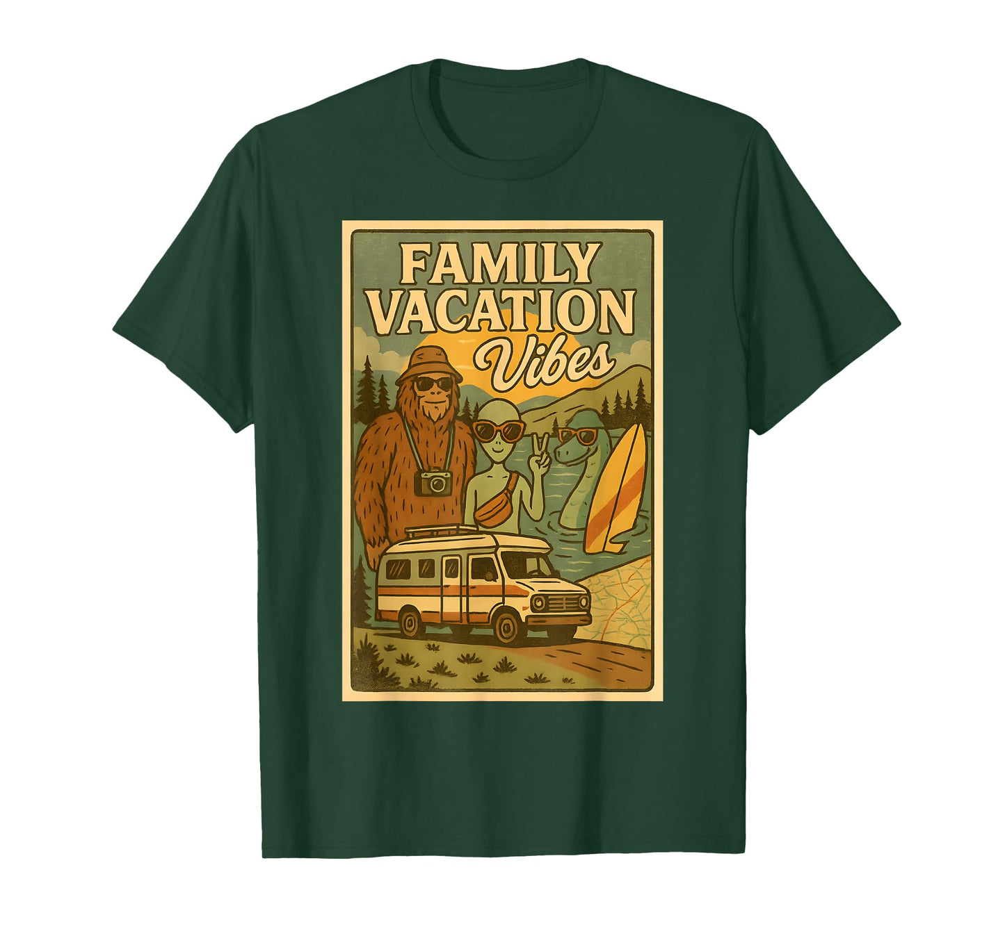 Funny Summer Bigfoot Family Vacation Alien Nessie Cryptid T-Shirt