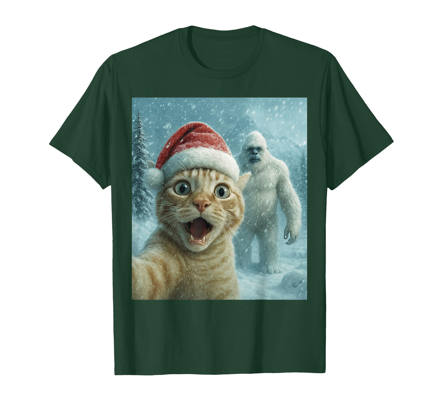 Funny Cat Santa Hat Yeti Christmas Snow Meme Cool Selfie T-Shirt