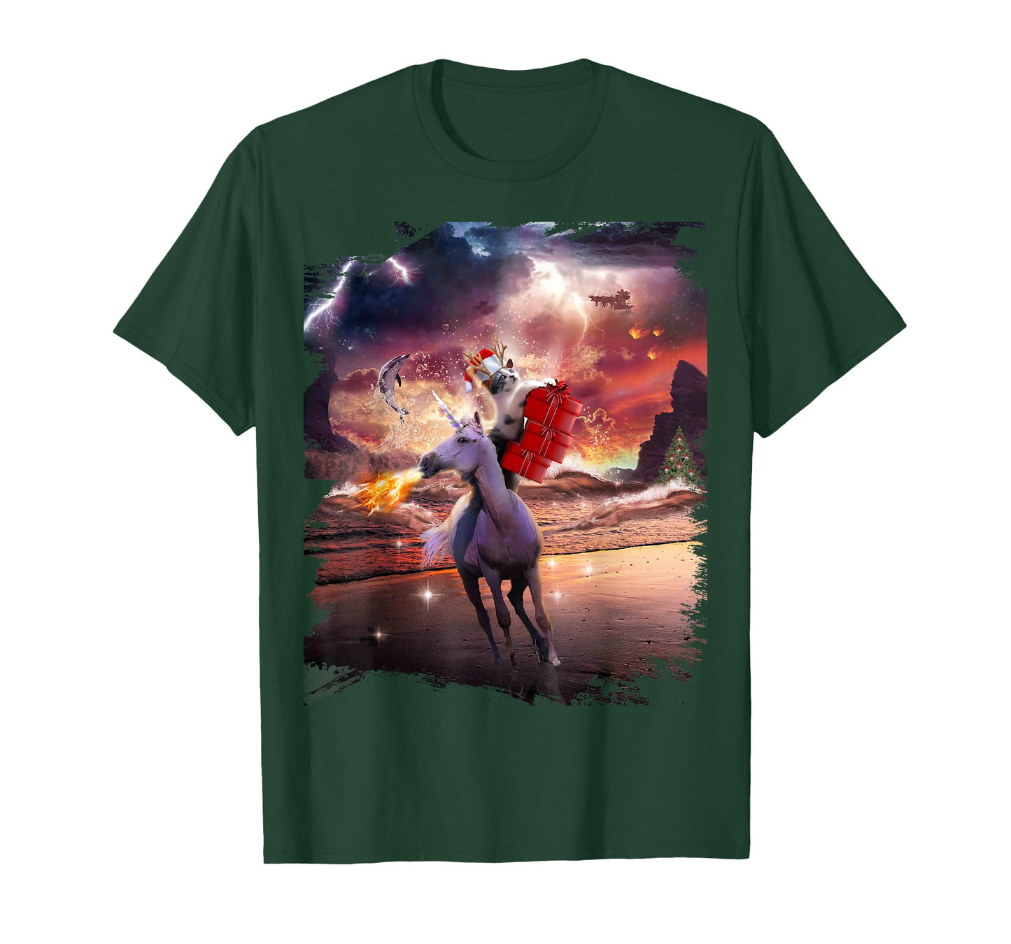 Christmas July, Cat Riding Unicorn, Beach T-Shirt for Men Women Kids