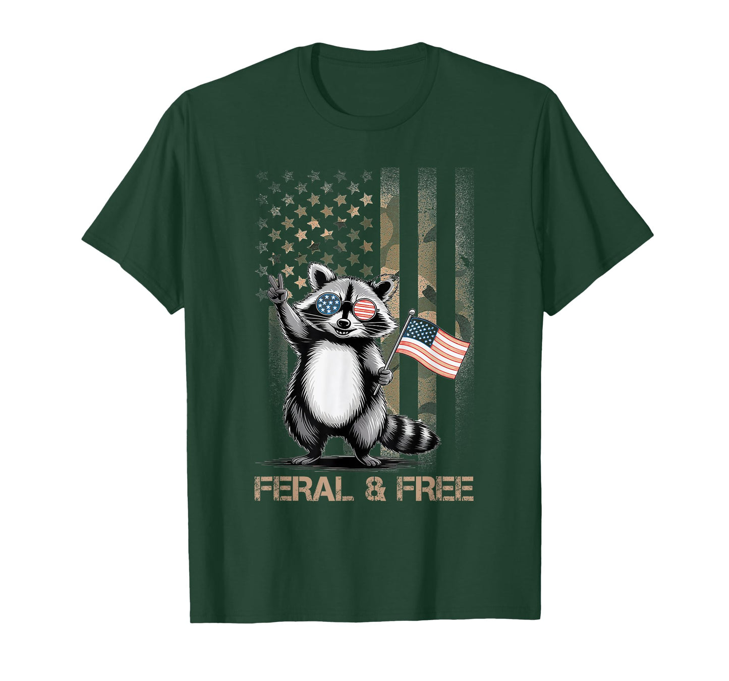 Feral & Free Camo American Flag Patriotic Racoon 4th Of July T-Shirt
