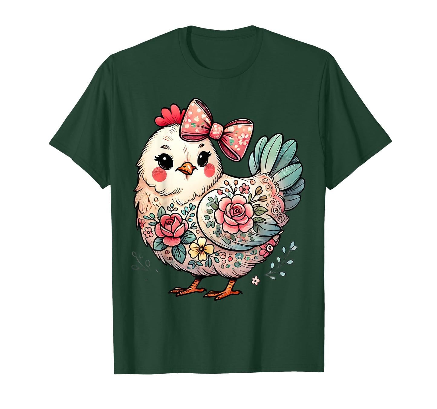 Chicken Lover Girls Women Floral Flower Bow Cute Hen Chicken T-Shirt