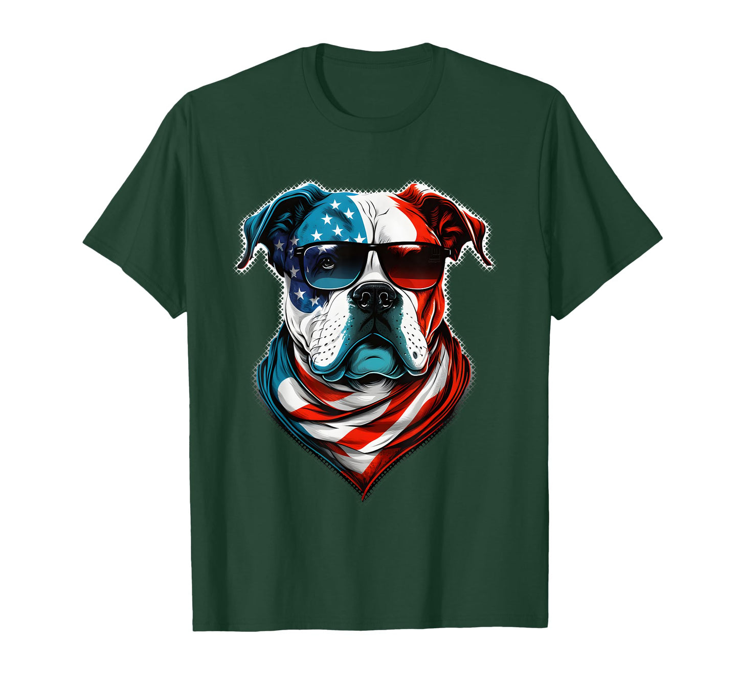 American Bulldog Dog Red White Blue American Flag Sunglasses T-Shirt