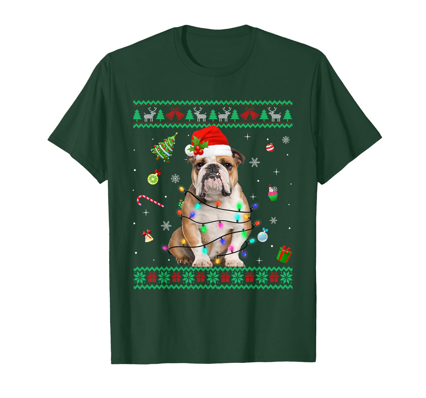 Ugly Sweater English Bulldog Dog Christmas Lights Santa Hat T-Shirt for Men Women Kids