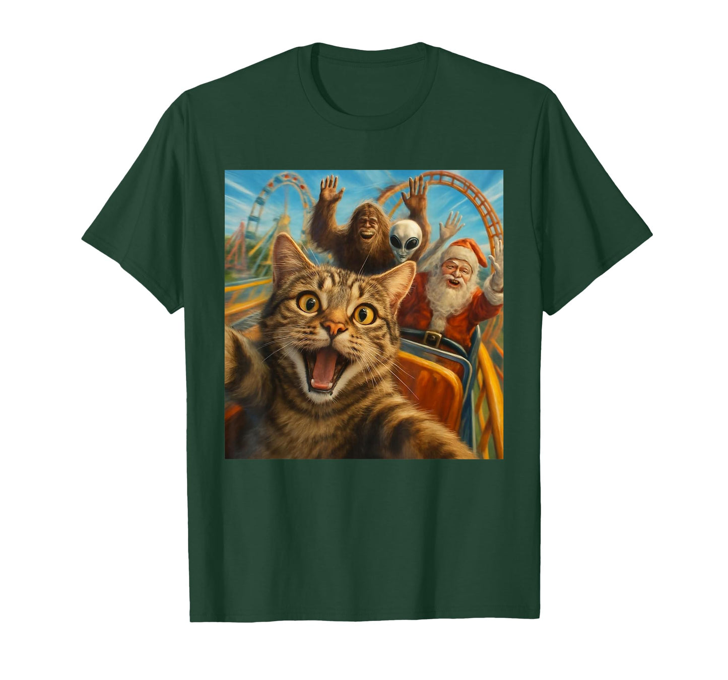 Funny Cat Selfie with Santa Claus Roller Coaster Meme T-Shirt