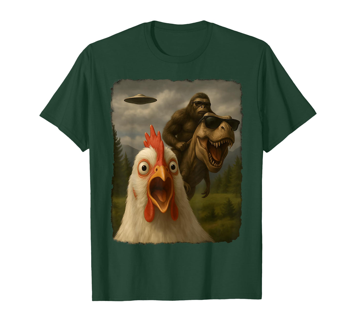 Funny Chicken Selfie Bigfoot Sasquatch Riding T-Rex UFO T-Shirt