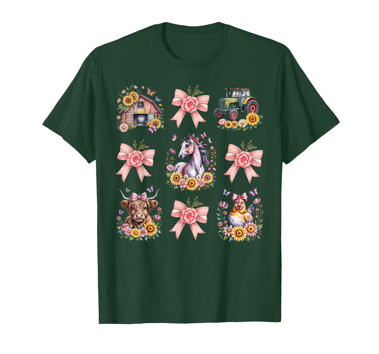 Animals Cow Chicken Horse Tractor Flower Farm Women T-Shirt
