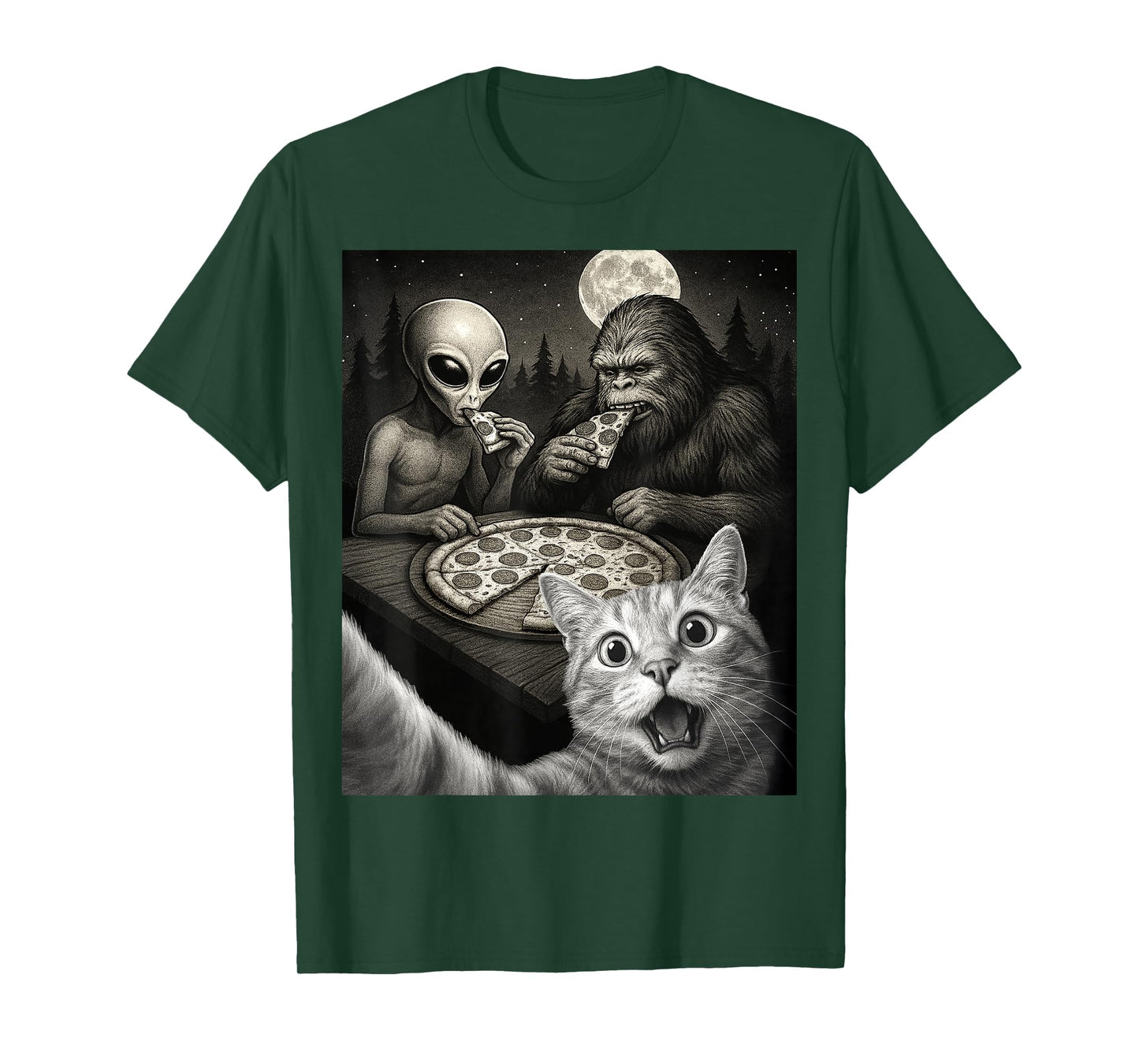 Funny Selfie of Cat With Bigfoot Eating Pizza With An Alien T-Shirt
