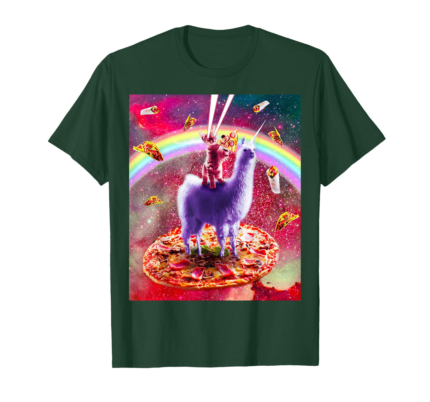 Laser Eyes Outer Space Cat Riding On Llama Unicorn T-Shirt