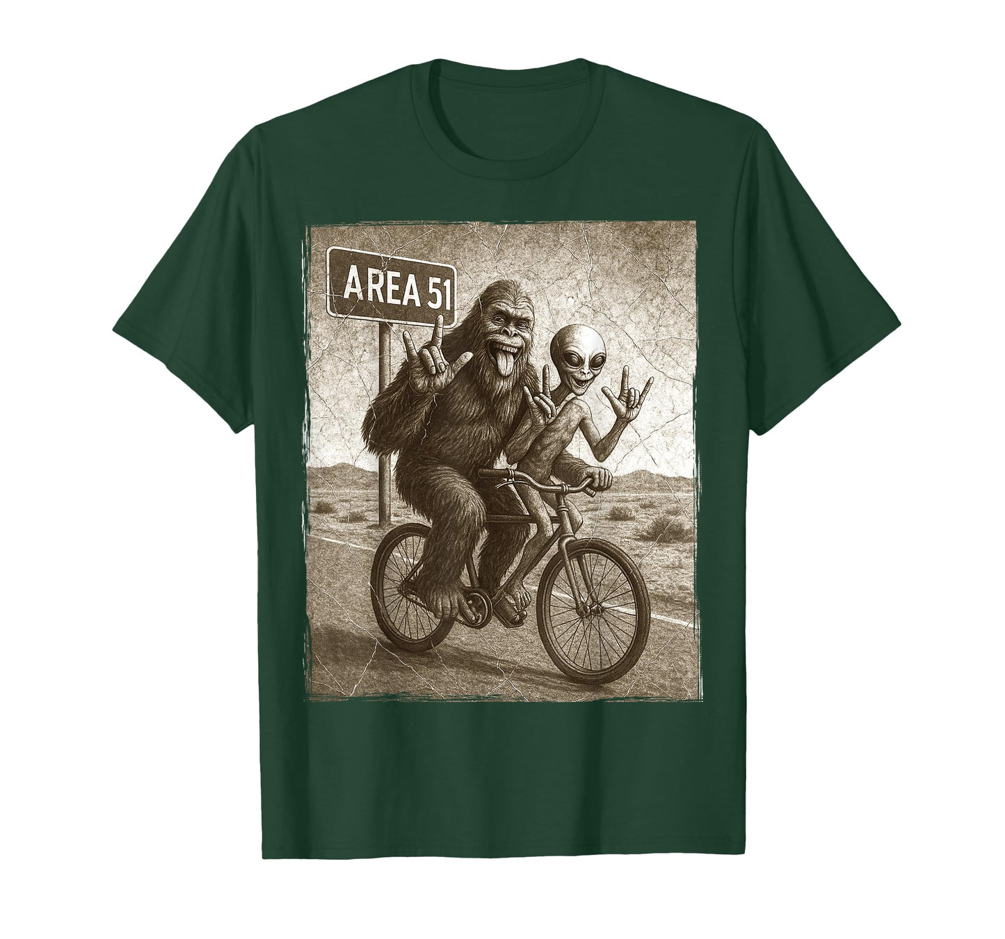 Bigfoot Alien UFO Bike Ride Rock On Area 51 Vintage Funny T-Shirt
