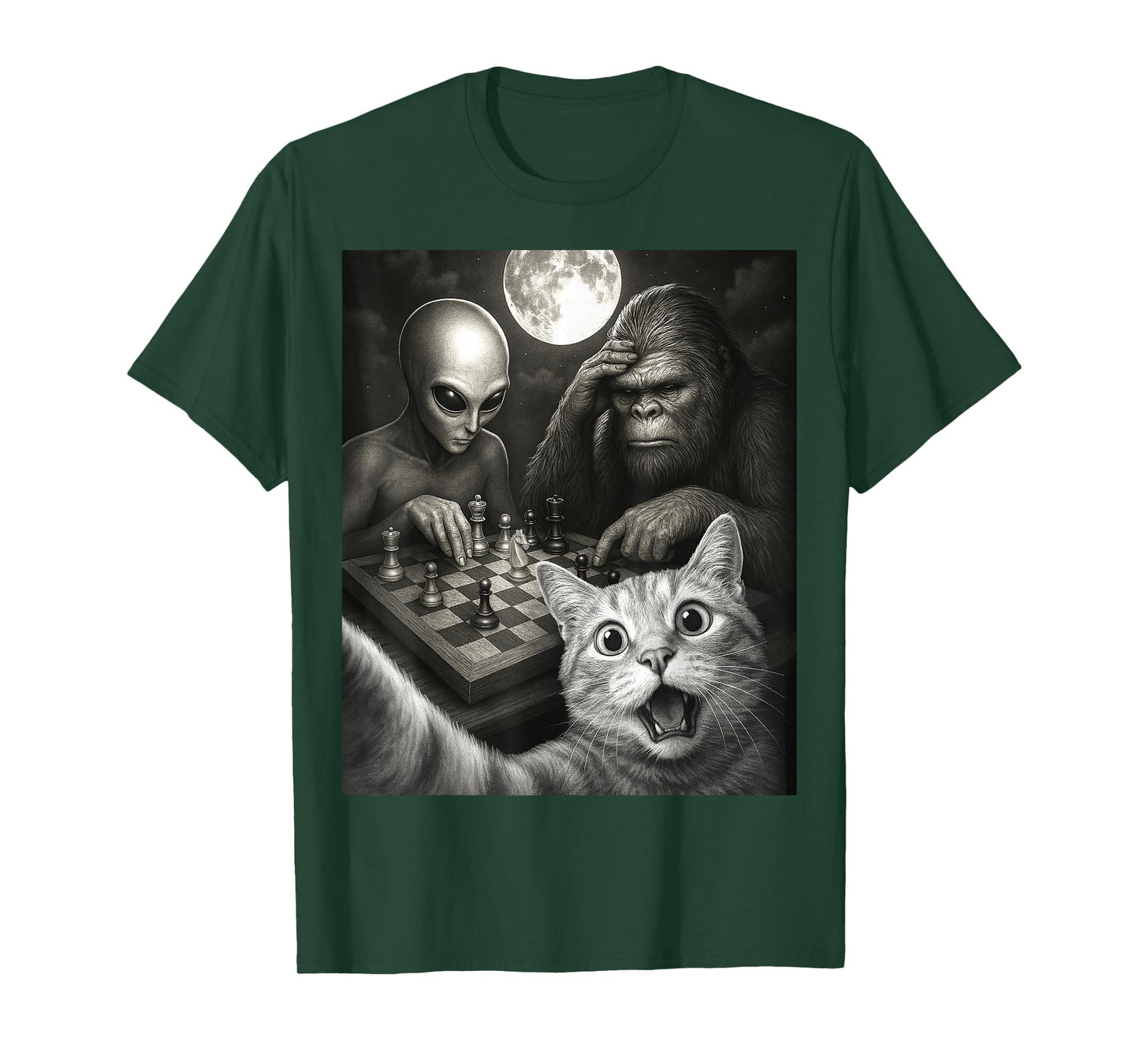 Funny Cat Selfie with a Bigfoot Playing Chess With Alien T-Shirt