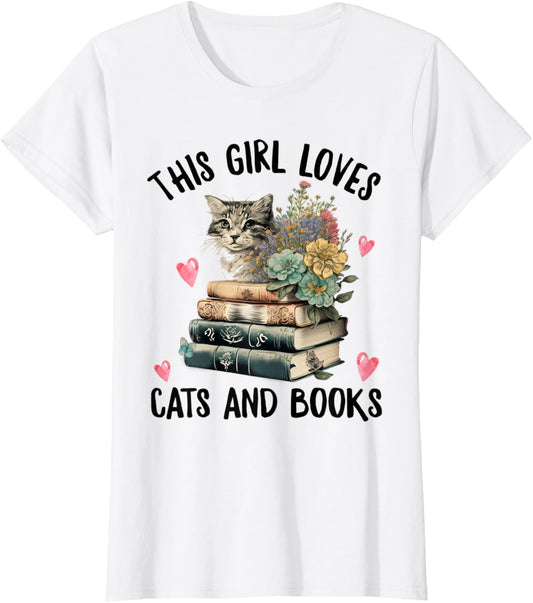 This Girl Loves Cats and Books Funny Cat Watercolor T-Shirt