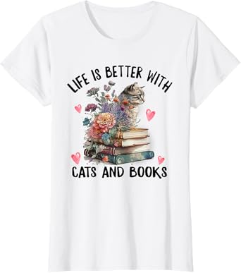 Life is better with Cats and Books Funny Cat Watercolor T-Shirt
