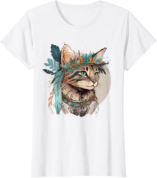 Womens Boho Aesthetic Cat | Sweet Cat Motifs | Bohemian Cat T-Shirt
