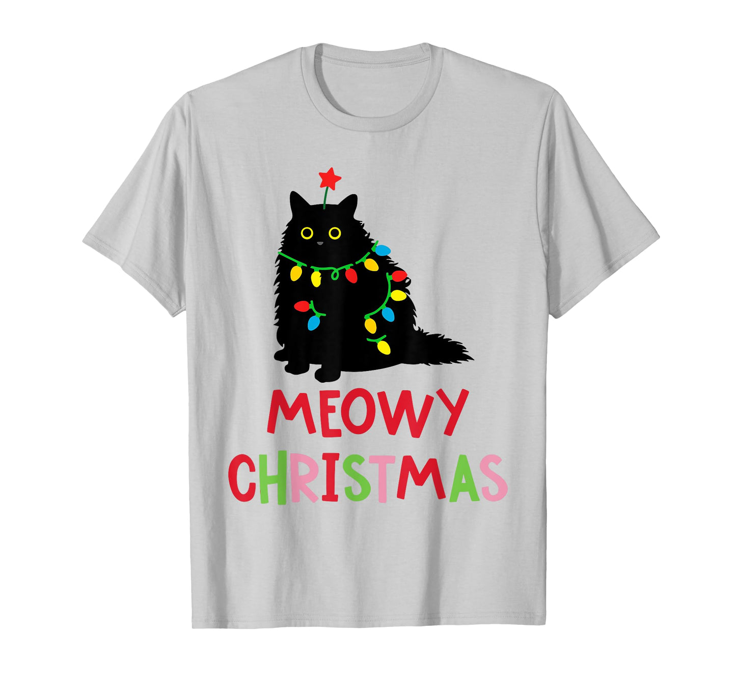 Meowy Christmas Funny Black Cat Christmas Lights Cat Lovers Men Women Kids T-Shirt
