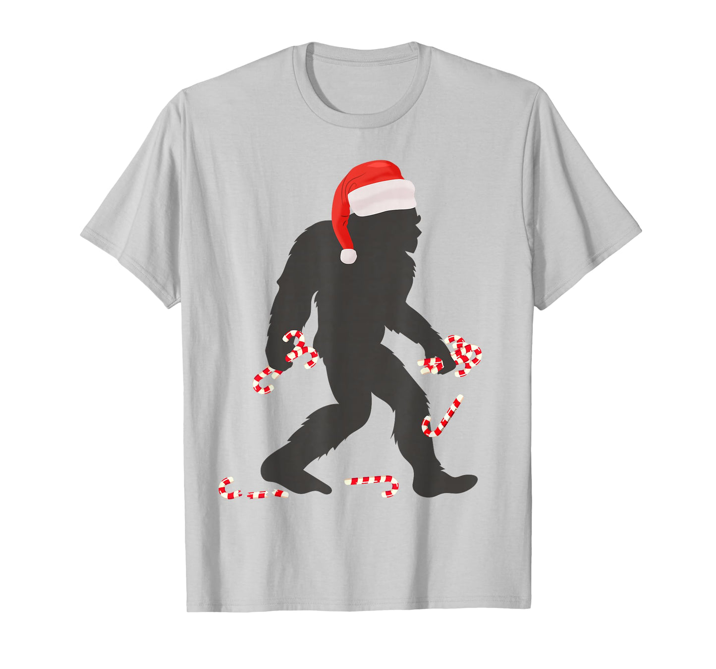 Funny Christmas Bigfoot with Santa Hat Carrying Candy Canes T-Shirt