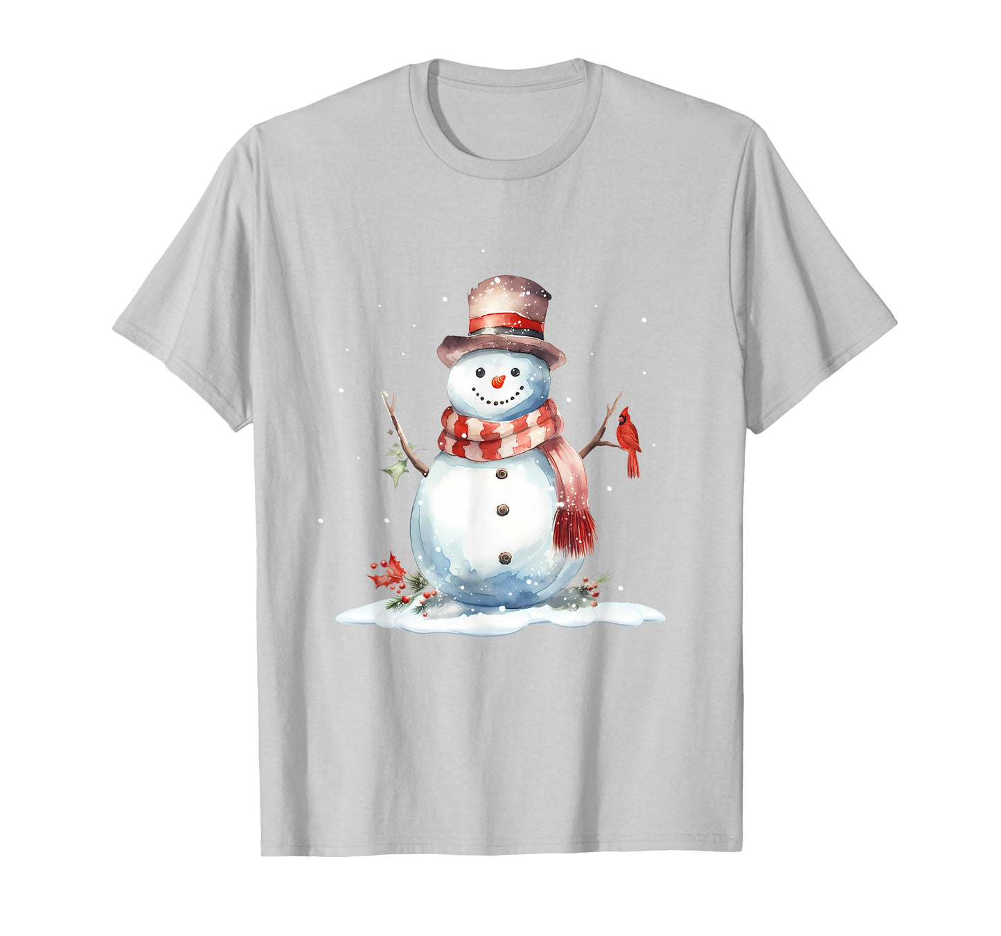 Cardinal Bird on Cute Winter Christmas Snowman, watercolor T-Shirt