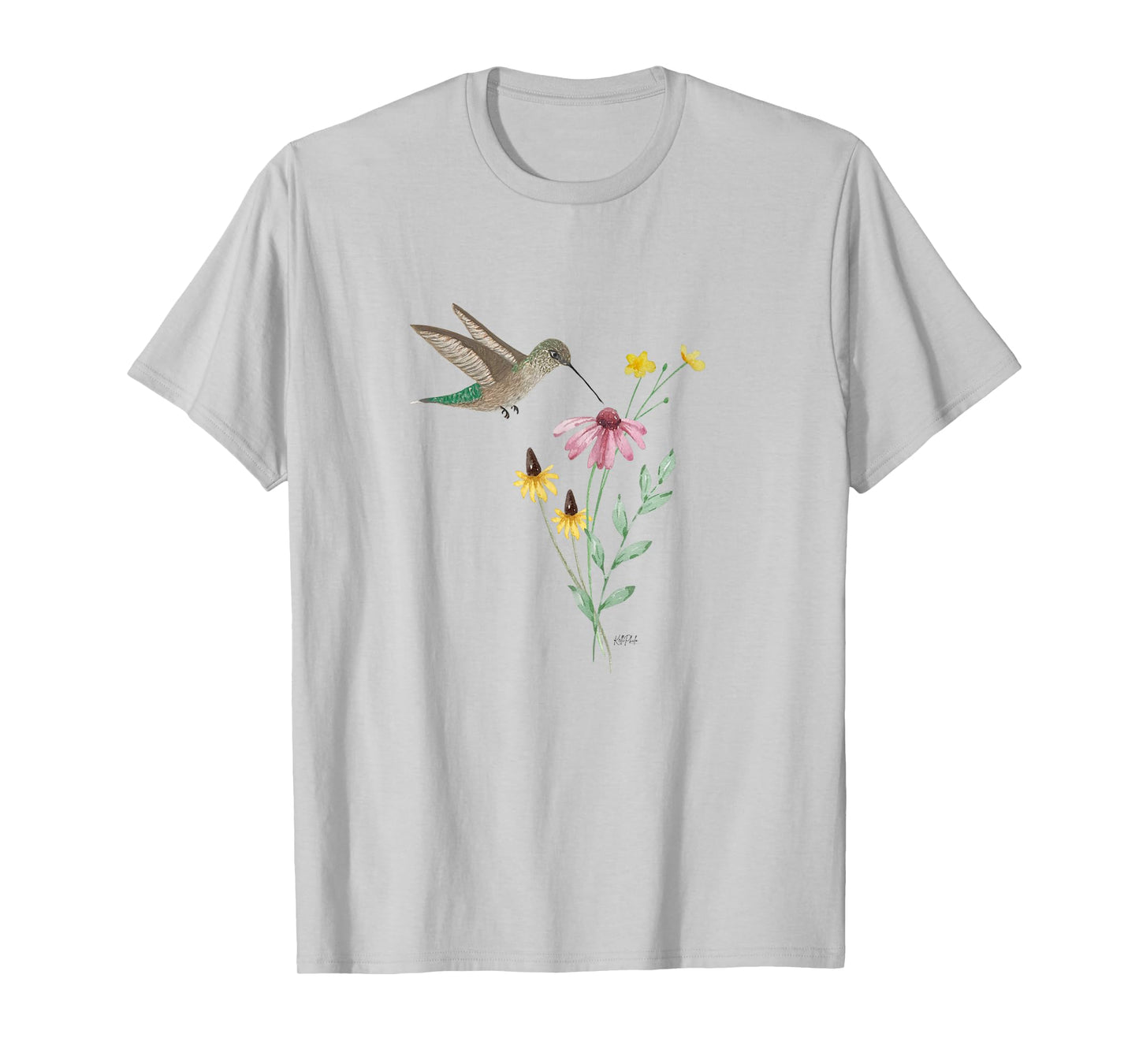 Botanical Hummingbird and flower scene, bird lover T-Shirt