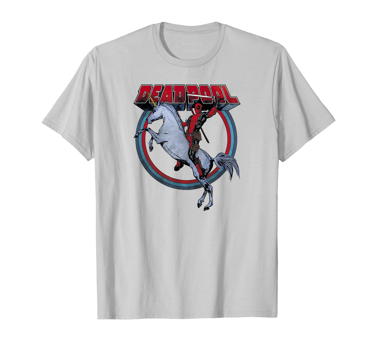 Marvel Deadpool Riding A Unicorn Circle Graphic T-Shirt C2 T-Shirt