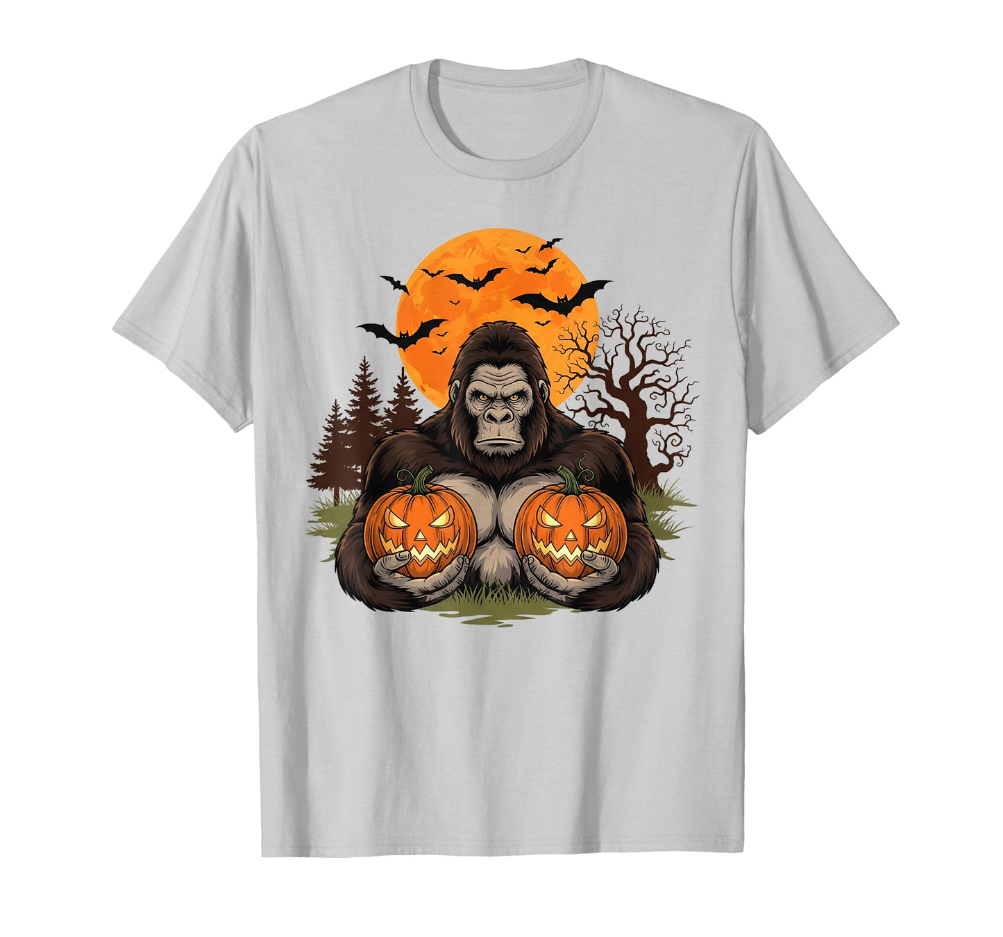 Spooky Halloween Bigfoot Pumpkin Moon Bats Men Women Kids T-Shirt