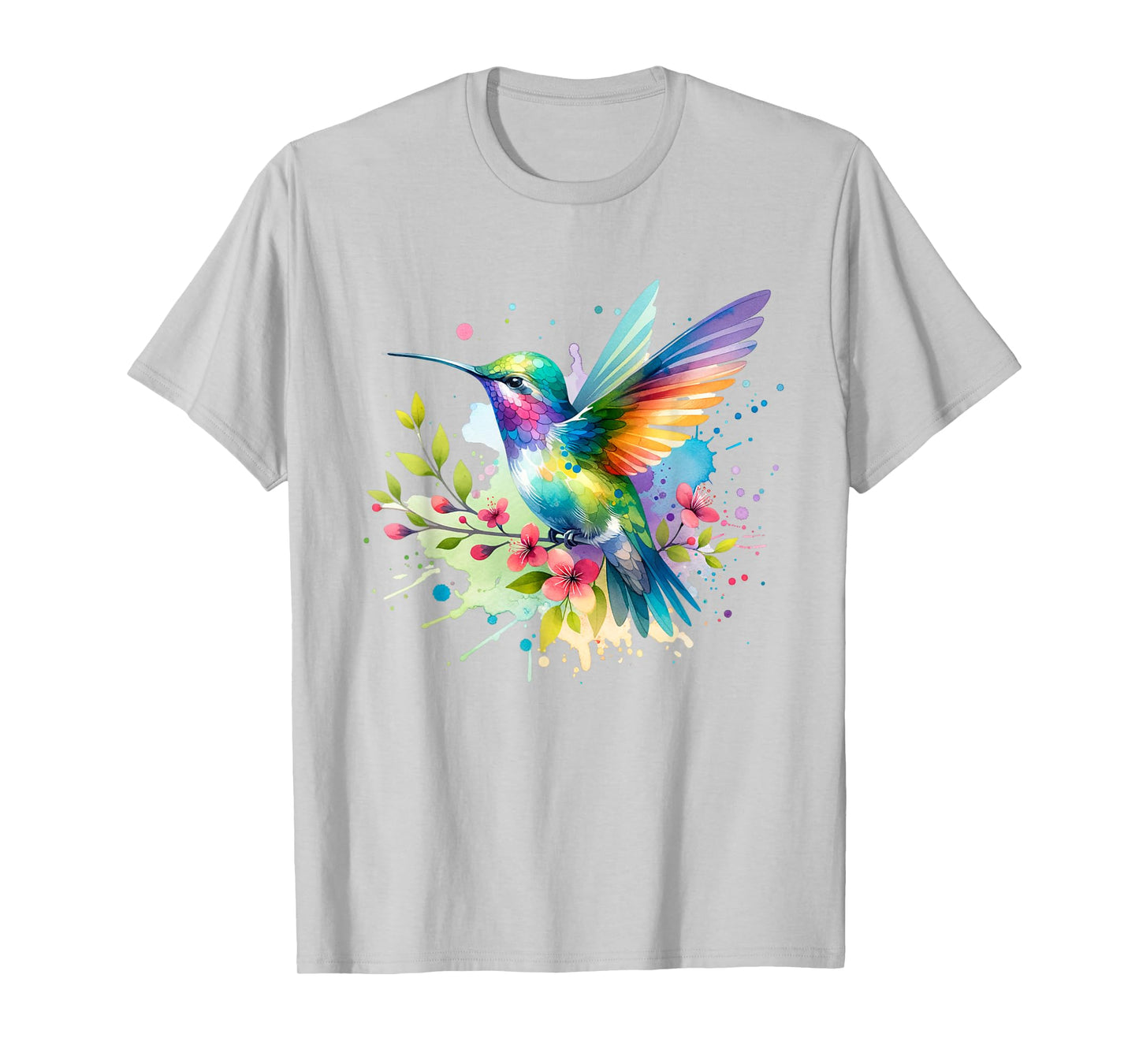 Hummingbird, Spring Floral Watercolor Scene T-Shirt