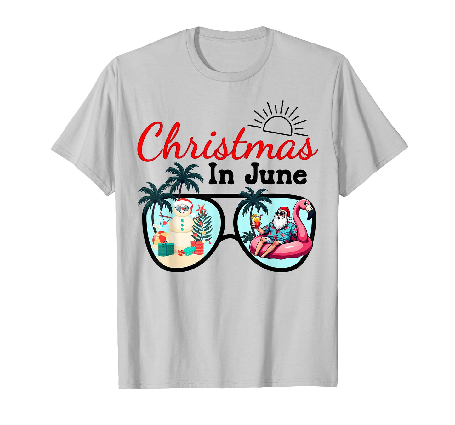 Vacation Christmas In June Sunglasses Santa Flamingo Summer T-Shirt